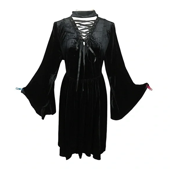 Torrid Black Velvet Flare Sleeve Lace Up Stretch 
Witchy Goth Midi Dress. - Picture 6 of 13
